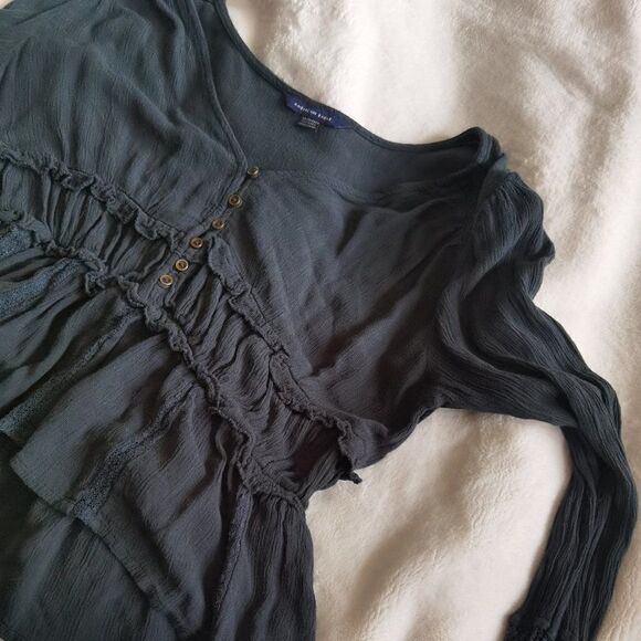 Cropped Lacey American Eagle Peasant Top With Romantic Details Hunter Green xs - Picture 1 of 6